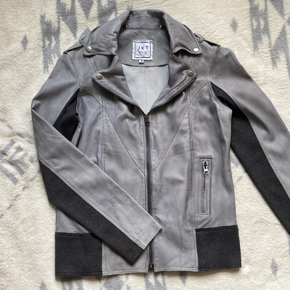 Women's Gray Leather Moto Jacket with Black Knit Panels